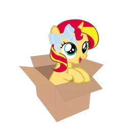 Size: 720x720 | Tagged: safe, artist:php30, derpibooru import, sunset shimmer, pony, unicorn, bow, box, cute, female, filly, filly sunset shimmer, hair bow, happy, if i fits i sits, mare, pony in a box, shimmerbetes, simple background, smiling, solo, transparent background, younger