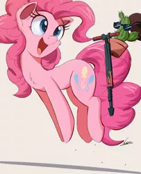 Size: 2500x3082 | Tagged: safe, artist:ncmares, derpibooru import, pinkie pie, earth pony, pony, cactus, chest fluff, cute, diapinkes, female, fluffy, jumping, mare, open mouth, pogo stick, smiling, sunglasses