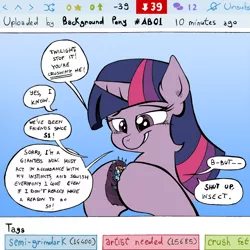 Size: 1250x1249 | Tagged: semi-grimdark, artist:labba94, derpibooru import, rainbow dash, twilight sparkle, pegasus, pony, unicorn, derpibooru, abuse, crush fetish, dashabuse, duo, female, frown, giant pony, grin, hoof hold, hypocrisy, lidded eyes, macro, mare, meta, micro, nervous, open mouth, out of character, sarcasm, satire, size difference, smiling, smirk, smoldash, speech bubble, spread wings, stuck, sweat, underhoof, wide eyes, wings