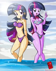 Size: 1685x2126 | Tagged: suggestive, artist:ryured, derpibooru import, twilight sparkle, human, equestria girls, bandeau, belly button, bikini, blue swimsuit, bowtie, breasts, busty twilight sparkle, clothes, cutie mark swimsuit, duality, female, human paradox, humanized, light skin, looking at you, open mouth, purple swimsuit, self paradox, smiling, swimsuit