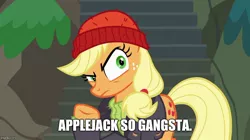 Size: 888x499 | Tagged: safe, derpibooru import, edit, edited screencap, screencap, applejack, ppov, caption, gangsta, glare, meme, pirate, solo