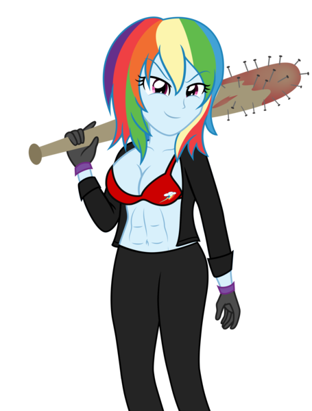 Size: 2500x3299 | Tagged: semi-grimdark, suggestive, artist:sumin6301, derpibooru import, edit, editor:vanchees, rainbow dash, equestria girls, abs, belly button, big breasts, blood, bra, breasts, busty rainbow dash, cleavage, clothes, cutie mark underwear, female, gloves, harley quinn, jacket, nail bat, nails, red underwear, short hair, simple background, smiling, solo, solo female, suicide squad, transparent background, underwear, weapon