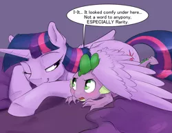 Size: 1925x1488 | Tagged: safe, artist:silfoe, derpibooru import, spike, twilight sparkle, twilight sparkle (alicorn), alicorn, dragon, pony, royal sketchbook, baby, baby dragon, bed, blushing, cuddling, cute, cutie mark, dialogue, female, horn, hug, implied rarity, looking at each other, male, mama twilight, mare, one eye closed, open mouth, prone, she knows, silfoe is trying to murder us, simple background, snuggling, speech bubble, spikabetes, spikelove, spread wings, tsundere, twiabetes, wing blanket, winghug, wings