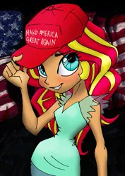 Size: 709x1000 | Tagged: safe, artist:jacobsyndeo, artist:lockhe4rt, color edit, derpibooru import, edit, sunset shimmer, equestria girls, /mlp/, american flag, cap, colored, conservative, cute, donald trump, female, hat, humanized, make america great again, mouthpiece, politics, solo, united states