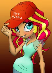 Size: 709x1000 | Tagged: safe, artist:jacobsyndeo, artist:lockhe4rt, color edit, derpibooru import, edit, sunset shimmer, human, equestria girls, best human, cap, colored, eye clipping through hair, female, fiery shimmer, hat, humanized, solo, waifu