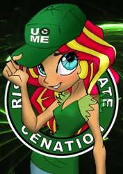Size: 709x1000 | Tagged: safe, artist:jacobsyndeo, artist:lockhe4rt, color edit, derpibooru import, edit, sunset shimmer, equestria girls, cap, cenation, colored, female, hat, humanized, john cena, solo, wwe, you can't see me