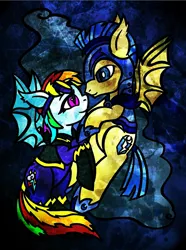 Size: 742x1000 | Tagged: safe, artist:scribblesketch, derpibooru import, flash sentry, rainbow dash, bat pony, pony, bat wings, clothes, costume, flashdash, goggles, looking at each other, male, night guard, race swap, royal guard armor, shadowbolt dash, shadowbolts, shadowbolts costume, shipping, straight