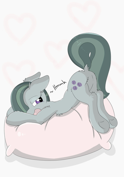 Size: 1280x1816 | Tagged: suggestive, artist:meowmavi, derpibooru import, marble pie, earth pony, pony, cute, dock, female, fluffy, pillow, plot, solo, solo female, underhoof