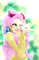 Size: 2260x3424 | Tagged: artist:randyleighd, bird, butterfly, clothes, cute, derpibooru import, fluttershy, human, humanized, off shoulder, one eye closed, rabbit, safe, shyabetes, solo, sweater, sweatershy, wink