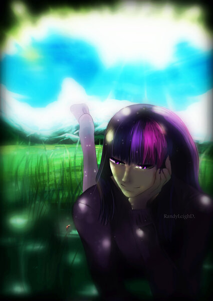 Size: 1280x1807 | Tagged: safe, artist:randyleighd, derpibooru import, twilight sparkle, human, ladybug, clothes, creepy eyes, grass, grass field, humanized, prone, shade, socks, solo, sweater