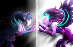 Size: 4056x2608 | Tagged: safe, artist:randyleighd, derpibooru import, sci-twi, twilight sparkle, equestria girls, legend of everfree, absurd resolution, clothes, crystal guardian, crystal wings, dr jekyll and mr hyde, duality, elf ears, glowing eyes, looking at each other, midnight sparkle, super ponied up