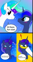 Size: 1487x2826 | Tagged: angry, artist:ag-poni, banana, banana for scale, bananalestia, blushing, comic, cute, cutelestia, derpibooru import, exclamation point, food, lunabetes, luna is not amused, princess celestia, princess luna, royal sisters, safe, sisterly love, size difference, surprised, teasing, wavy mouth