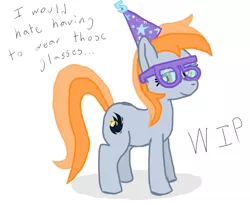 Size: 2200x1800 | Tagged: safe, artist:phat_guy, derpibooru import, oc, oc:darkest hour, unofficial characters only, earth pony, pony, 05, 5, dialogue, english, female, glasses, hat, mare, party hat, simple background, smiling, solo, standing, white background, wip
