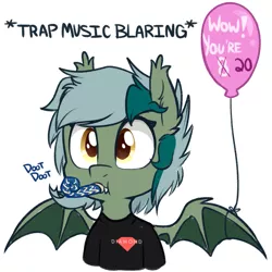 Size: 899x900 | Tagged: safe, artist:higgly-chan, derpibooru import, oc, oc:nisha, unofficial characters only, bat pony, pony, balloon, bust, ear fluff, fangs, happy birthday, noisemaker, simple background, solo, spread wings, white background