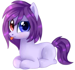 Size: 1024x949 | Tagged: safe, artist:sugguk, derpibooru import, oc, unofficial characters only, earth pony, pony, blank flank, blushing, colored pupils, cute, female, heterochromia, looking at you, mare, ocbetes, prone, simple background, solo, tongue out, transparent background