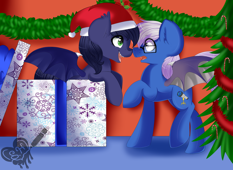 Size: 1024x745 | Tagged: safe, artist:datoogaler, derpibooru import, oc, oc:claren vesper, oc:halfmoon, unofficial characters only, bat pony, pony, candy, candy cane, christmas, christmas tree, claroon, cute, food, glasses, hat, present, santa hat, surprised, tree