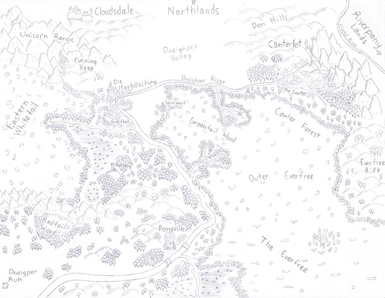 Size: 6584x5090 | Tagged: absurd resolution, artist:spiritdutch, canterlot, cloudsdale, derpibooru import, equestria, everfree forest, fanfic, fanfic art, map, map of equestria, original location, pencil drawing, ponyville, safe, traditional art, unicorn range, whitetail woods