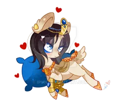 Size: 600x518 | Tagged: safe, artist:ipun, derpibooru import, oc, unofficial characters only, deer pony, original species, egyptian, female, heart, heart eyes, pillow, simple background, solo, transparent background, watermark, wingding eyes