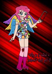 Size: 1304x1859 | Tagged: artist:reitanna-seishin, blood, derpibooru import, fanfic:cupcakes, grimdark, human, humanized, light skin, pinkie pie, saw, solo