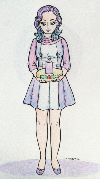 Size: 1349x2401 | Tagged: advent, alternate hairstyle, artist:alexyorim, artist:nyanve, candle, clothes, colored pencil drawing, derpibooru import, dress, human, humanized, ombre hair, rarity, safe, solo, traditional art