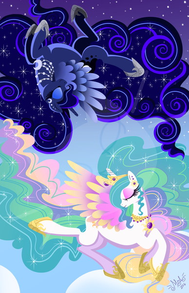 Size: 1242x1920 | Tagged: artist:meastudios, derpibooru import, duo, ear piercing, earring, eyes closed, jewelry, lineless, piercing, princess celestia, princess luna, safe, watermark