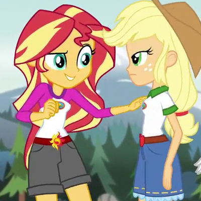 Size: 400x400 | Tagged: safe, derpibooru import, screencap, applejack, sunset shimmer, equestria girls, legend of everfree, cropped, out of context