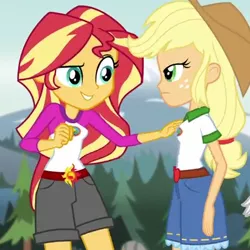 Size: 400x400 | Tagged: safe, derpibooru import, screencap, applejack, sunset shimmer, equestria girls, legend of everfree, cropped, out of context