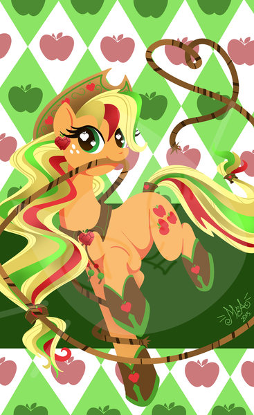 Size: 1173x1920 | Tagged: apple, applejack, artist:meastudios, derpibooru import, ear piercing, earring, food, jewelry, lasso, lineless, looking at you, mouth hold, part of a set, piercing, rainbow power, rope, safe, solo, watermark, wingding eyes