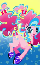 Size: 1173x1920 | Tagged: safe, artist:meastudios, derpibooru import, part of a set, pinkie pie, bow, ear piercing, earring, hair bow, jewelry, lineless, looking at you, piercing, rainbow power, solo, tail bow, watermark, wingding eyes