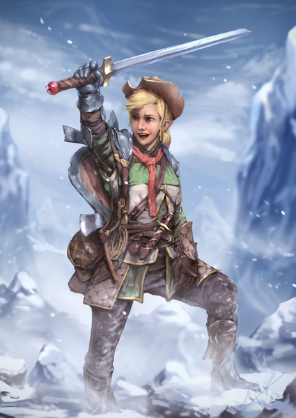 Size: 850x1200 | Tagged: applejack, artist:assasinmonkey, boots, clothes, cowboy hat, dagger, derpibooru import, equestria girls outfit, fantasy, fantasy class, gauntlet, hat, hatchet, human, humanized, knight, mountain, open mouth, safe, snow, solo, stetson, sword, warrior, weapon