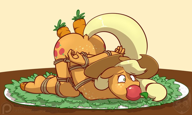 Size: 1000x596 | Tagged: anal foodplay, anal insertion, anthro, apple, apple gag, applejack, artist:ethanqix, bondage, carrot, derpibooru import, female, food, gag, hoof feet, insertion, nudity, questionable, solo, solo female, tied up, unguligrade anthro, vaginal insertion