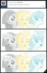 Size: 1242x1920 | Tagged: artist:thealjavis, ask the shy-tri, coco pommel, colored pupils, comic, derpibooru import, dialogue, fluttershy, looking at you, marble pie, open mouth, safe, simple background, sorry, speech bubble, the council of shy ponies, trio, tumblr, white background