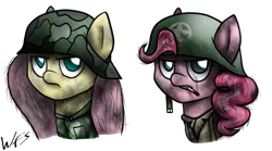 Size: 2345x1300 | Tagged: artist:facelesssoles, bust, cigarette, clothes, derpibooru import, dirty, fluttershy, helmet, nazi germany, pinkie pie, portrait, safe, signature, simple background, transparent background, uniform, us army, waffen-ss, world war ii