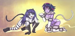 Size: 7086x3472 | Tagged: suggestive, artist:sumin6301, derpibooru import, rarity, twilight sparkle, cat, equestria girls, absurd resolution, alternate hairstyle, bedroom eyes, black underwear, breasts, busty rarity, busty twilight sparkle, catgirl, cleavage, clothes, duo, duo female, fangs, female, panties, punklight sparkle, twilight cat, underwear, white underwear
