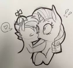 Size: 500x463 | Tagged: age difference, artist:silvdelivers, button mash, derpibooru import, kissing, male, monochrome, rarimash, rarity, safe, shipping, straight, surprised, surprise kiss