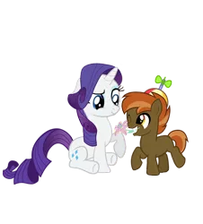 Size: 624x691 | Tagged: safe, artist:buttonsplash, derpibooru import, button mash, rarity, age difference, cute, floppy ears, flower, flower in mouth, gentleman, male, mouth hold, one eye closed, present, raised eyebrow, raised hoof, raised leg, rarimash, shipping, simple background, sitting, smiling, straight, transparent background, underhoof, vector, wink