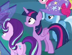 Size: 434x336 | Tagged: safe, derpibooru import, screencap, pinkie pie, starlight glimmer, sunset shimmer, trixie, twilight sparkle, twilight sparkle (alicorn), alicorn, pony, unicorn, to where and back again, counterparts, cropped, magical quartet, magical quintet, magical trio, trixie's hat, twilight's counterparts