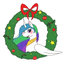 Size: 530x530 | Tagged: safe, artist:denkis, derpibooru import, princess celestia, pony, blushing, christmas wreath, female, mare, simple background, solo, transparent background