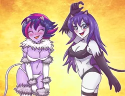 Size: 4488x3472 | Tagged: suggestive, artist:sumin6301, derpibooru import, rarity, twilight sparkle, equestria girls, absurd resolution, alternate hairstyle, black underwear, blushing, bra, breasts, busty rarity, busty twilight sparkle, cat ears, cat lingerie, cat tail, catgirl, cleavage, clothes, duo, duo female, eyes closed, female, lingerie, looking at you, panties, punklight sparkle, raricat, smiling, twilight cat, underwear, white underwear