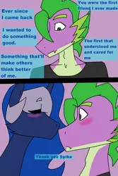 Size: 1200x1800 | Tagged: adult spike, artist:moonakart13, ask, ask-spike-the-demon, blushing, bust, clothes, crack shipping, derpibooru import, dialogue, eyes closed, nose kiss, older, portrait, princess luna, safe, shipping, shirt, shock, spike, spiluna, text, tumblr