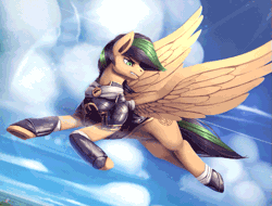 Size: 659x500 | Tagged: safe, artist:rodrigues404, derpibooru import, oc, oc:ailan, unofficial characters only, pegasus, pony, animated, armor, bracer, cinemagraph, flight, flying, gif, glare, gritted teeth, lightning, looking back, male, pathfinder, sky, solo, spread wings, stallion, wind, windswept mane, wings