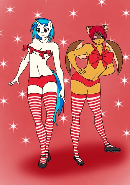 Size: 1039x1476 | Tagged: anthro, anthro oc, artist:linedraweer, christmas, clothes, commission, derpibooru import, oc, oc:terra, questionable, ribbon, socks, stockings, striped socks, vinyl scratch