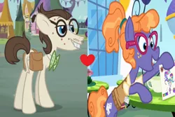 Size: 880x587 | Tagged: safe, derpibooru import, edit, edited screencap, screencap, frazzle rock, gizmo, earth pony, pony, princess spike (episode), putting your hoof down, acne, adorkable, bowtie, broken glasses, bucktooth, clothes, cropped, cute, dork, female, frazzlebetes, gizzle, heart, male, mare, nerd, nerd pony, saddle bag, shipping, shipping domino, stallion, straight, sweater