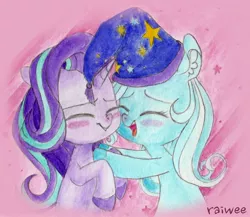 Size: 2208x1914 | Tagged: safe, artist:raiwee, derpibooru import, starlight glimmer, trixie, pony, unicorn, blushing, eyes closed, female, happy, lesbian, mare, shipping, smiling, startrix, traditional art, trixie's hat