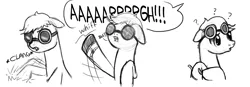 Size: 2000x696 | Tagged: safe, artist:nimaru, derpibooru import, oc, oc:iron strike, unofficial characters only, pony, comic:like a landslide, goggles, male, monochrome, screaming, solo, stallion, wat