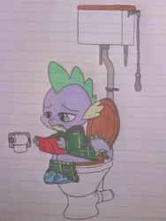 Size: 300x400 | Tagged: artist:shiftyguy1994, book, clothes, derpibooru import, implied pooping, pajamas, potty, potty time, safe, solo, spike, toilet, toilet paper, traditional art