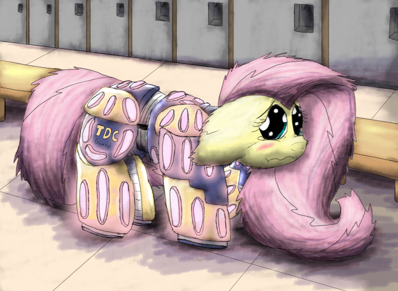 Size: 5521x4034 | Tagged: about to cry, absurd resolution, armor, artist:firefanatic, blushing, crying, cute, derpibooru import, disturbing, embarrassed, fluffy, fluttershy, impossibly large ears, locker room, messy mane, nightmare fuel, safe, scrunchy face, solo, :t