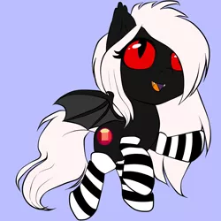 Size: 1818x1818 | Tagged: artist needed, source needed, safe, derpibooru import, oc, oc:midnight ruby, unofficial characters only, bat pony, pony, clothes, cute, fangs, female, filly, open mouth, raised hoof, red eyes, red sclera, simple background, socks, solo, spread wings, striped socks