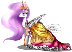 Size: 1200x860 | Tagged: safe, artist:tiffanymarsou, derpibooru import, princess celestia, pony, clothes, dress, female, gala dress, mare, pink mane, pink-mane celestia, signature, simple background, solo, transparent background, watermark