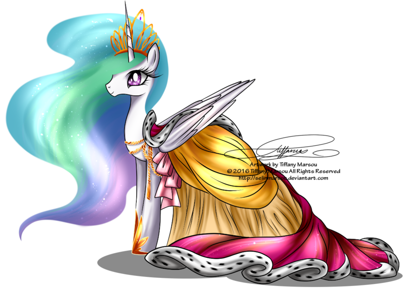 Size: 1200x860 | Tagged: safe, artist:tiffanymarsou, derpibooru import, princess celestia, pony, clothes, dress, female, gala dress, mare, signature, simple background, solo, transparent background, watermark